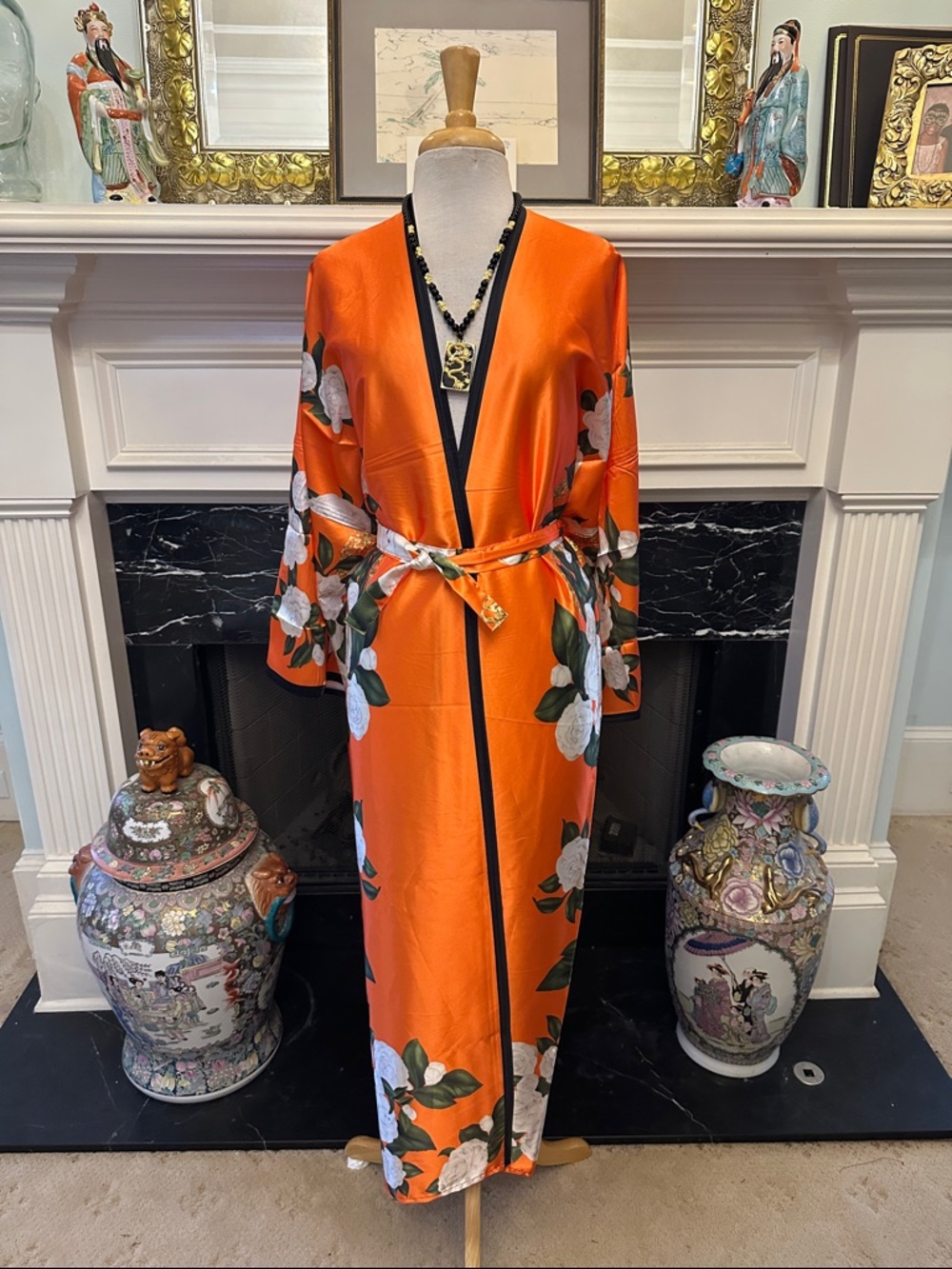 Orange Floral Satin Kimono Robe with Black Trim